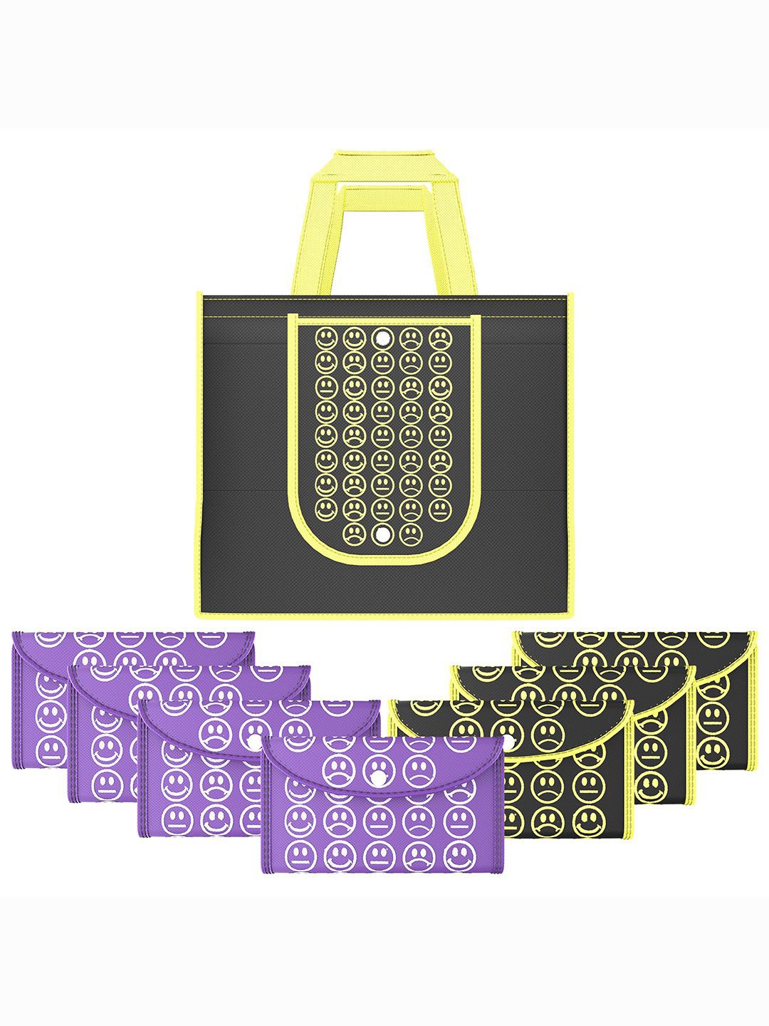 

Kuber Industries Set of 8 Smiley Printed Lightweight Foldable & Reusable Shopping Bags, Black