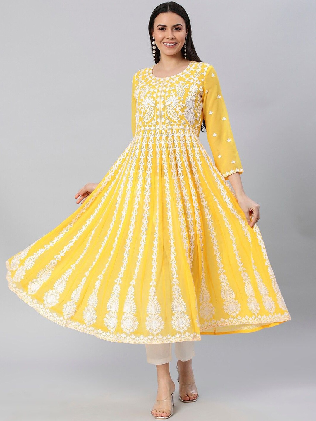 

GoSriKi Women Floral Embroidered Anarkali Kurta, Yellow