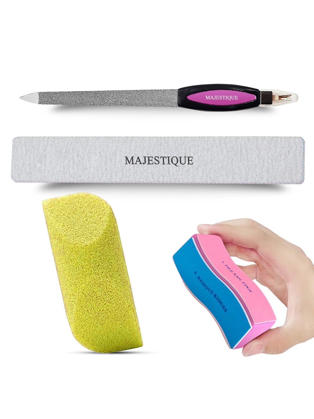 

MAJESTIQUE Set of 4 Flat Nail Files with Foot Buffer & Manicure 4-Side Buffer, Multi