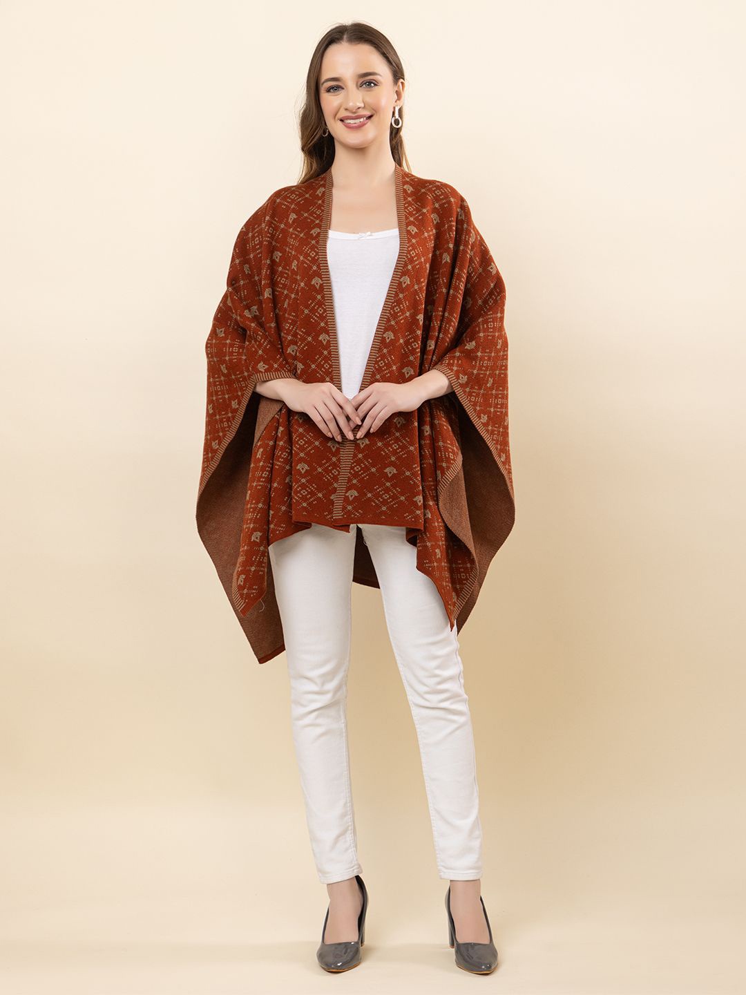 

Anouk Rust Ethnic Motifs Printed V-Neck Winter Open Front Shrug