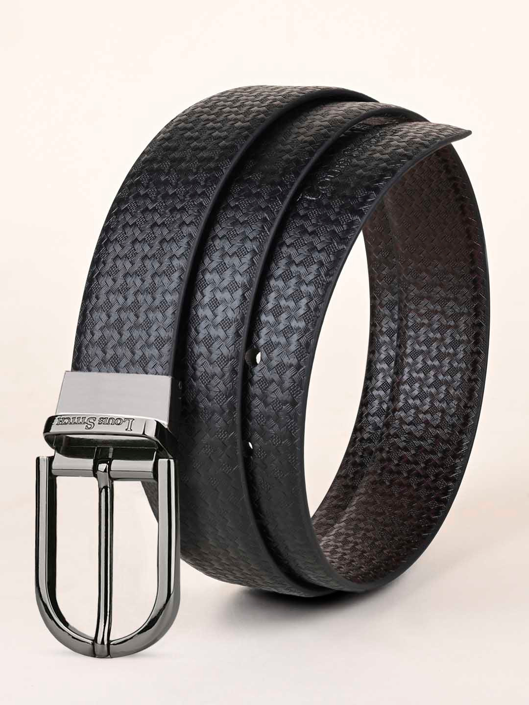 

LOUIS STITCH Men Black Textured Leather Reversible Belt