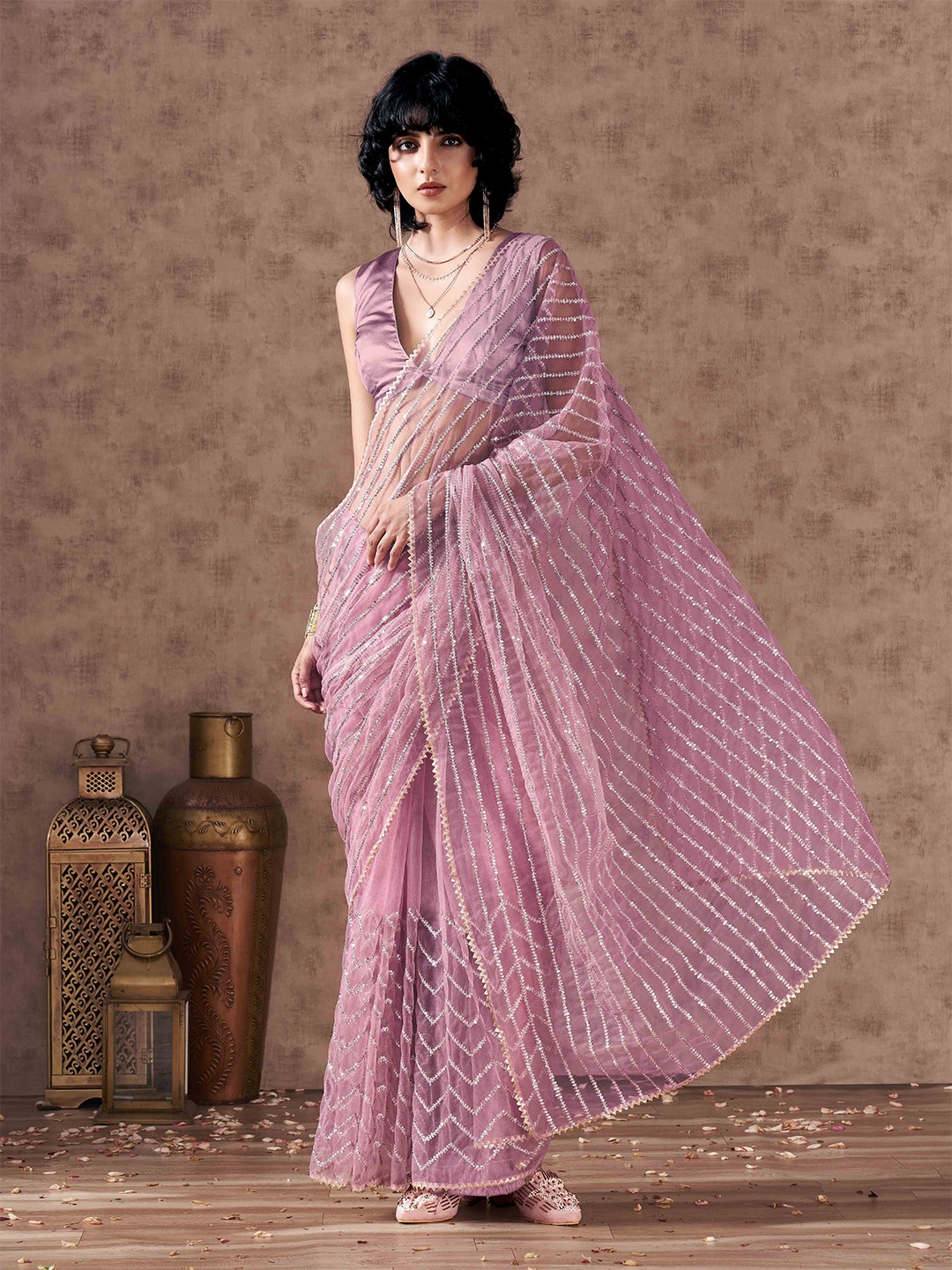 

Tikhi Imli Embellished Sequinned Net Heavy Work Saree, Pink