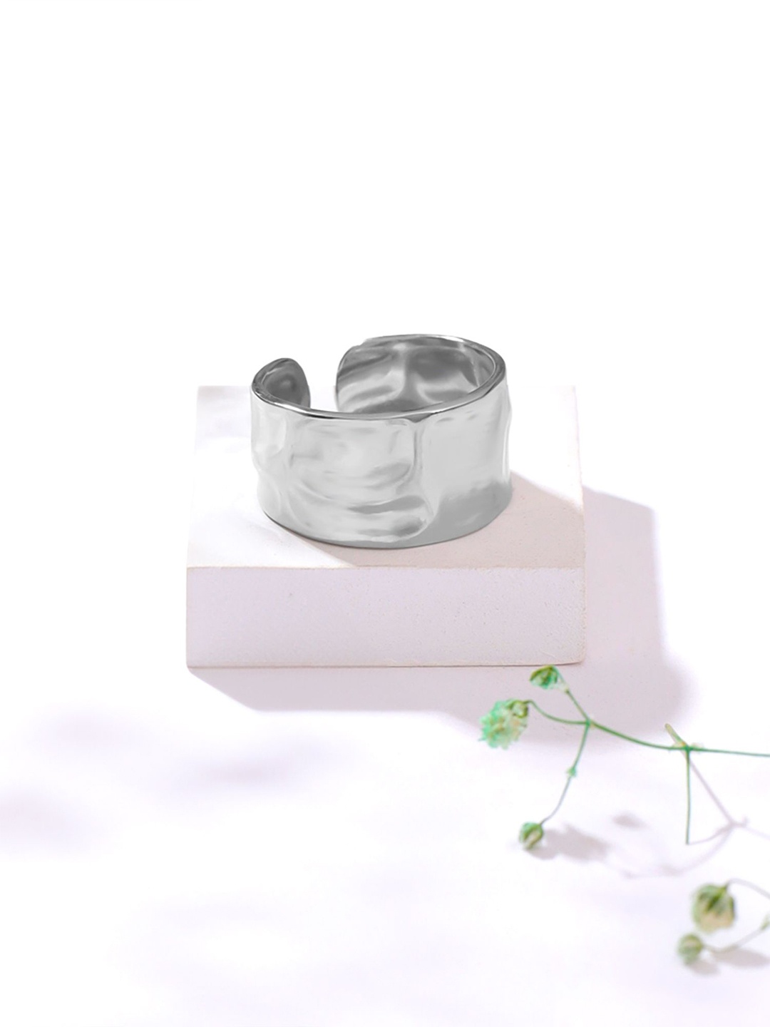 

Yellow Chimes Rhodium Plated Adjustable Band Finger Ring, Silver