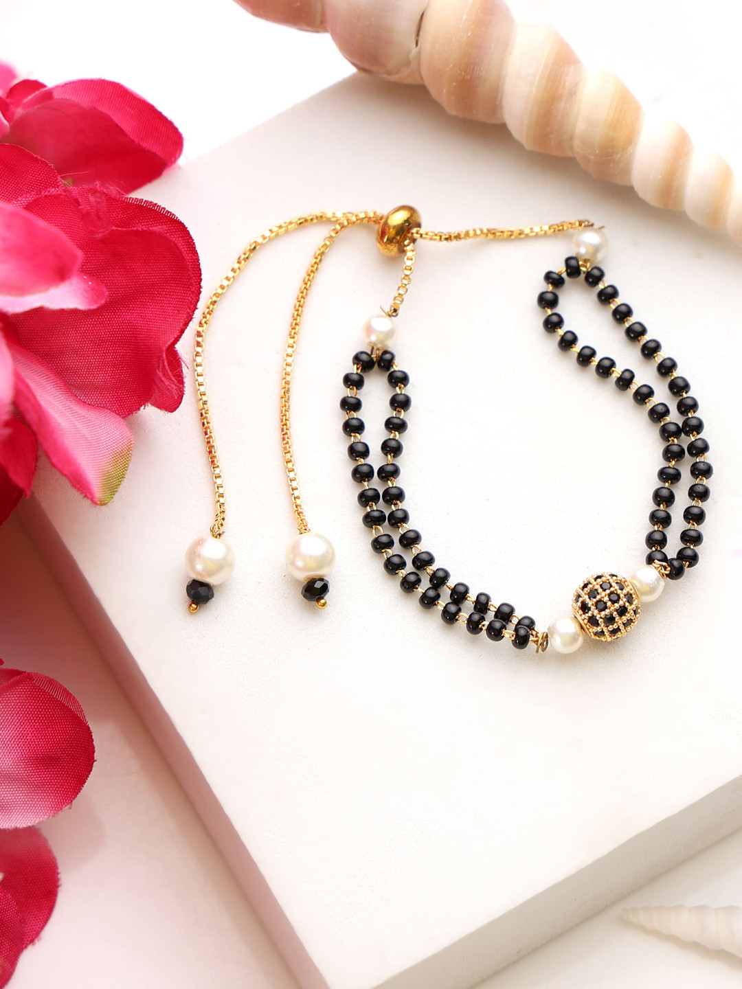 

Mali Fionna Gold-Plated Stones Studded and Beaded Mangalsutra Bracelet