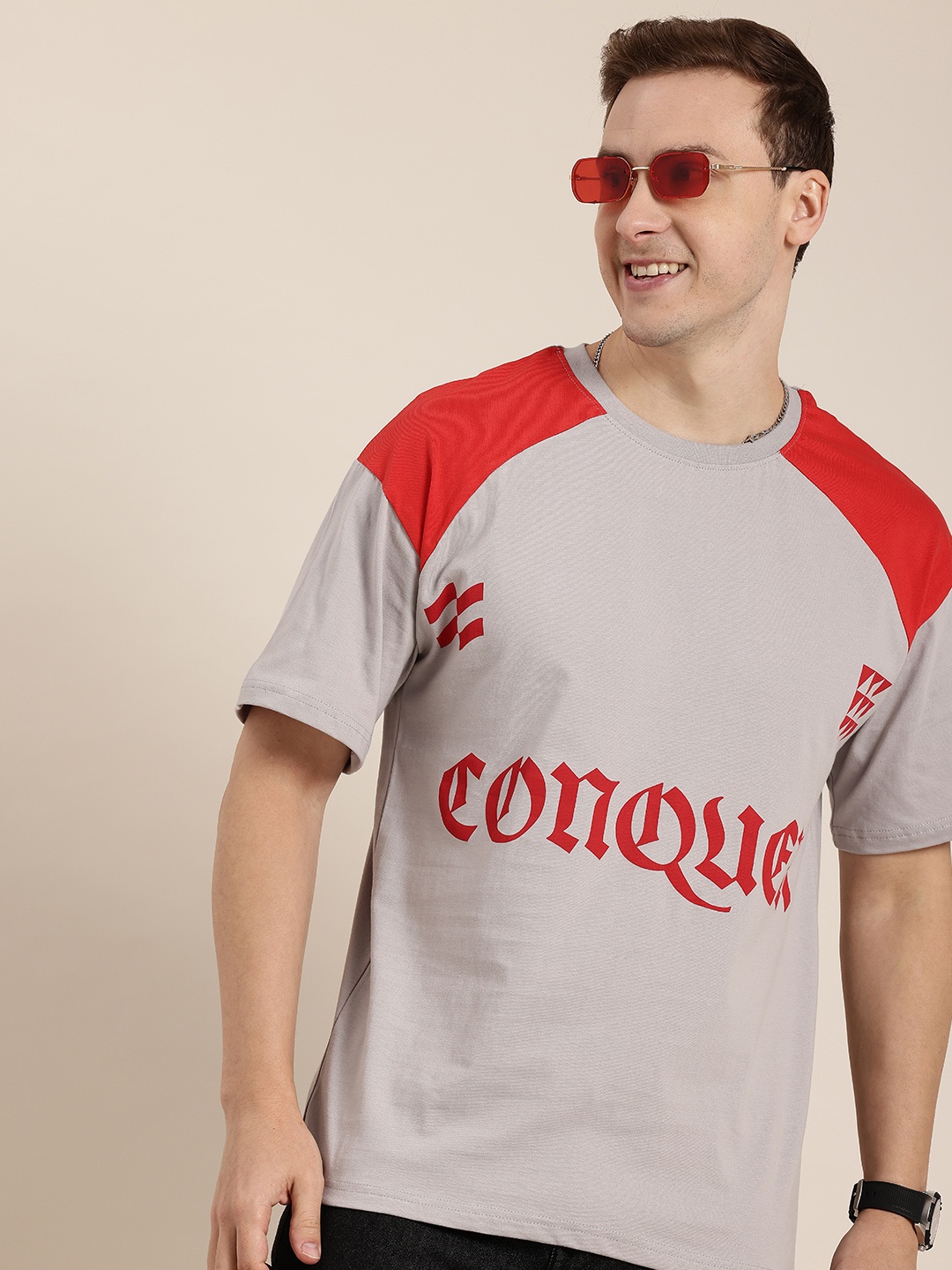 

HERE&NOW Pure Cotton Typography Printed Drop-Shoulder Sleeves T-shirt, Grey