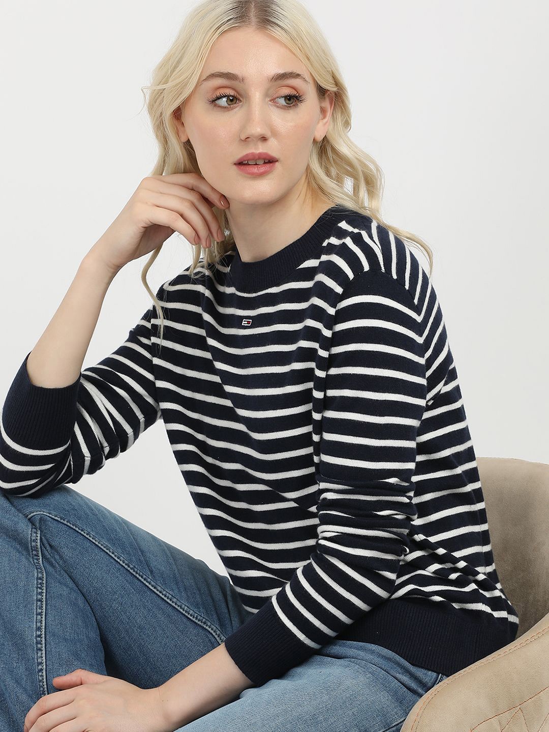 

Tommy Hilfiger Women Striped Printed Pullover, Navy blue