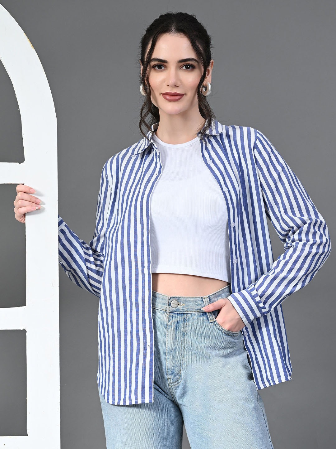 

HERE&NOW Women Standard Cutaway Collar Striped Cotton Formal Shirt, Blue