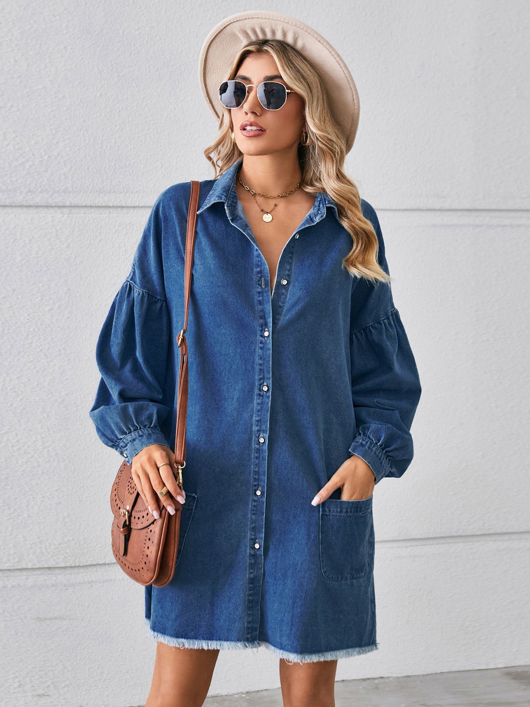 

StyleCast Denim Shirt Cuffed Sleeves Mini Dress, Blue