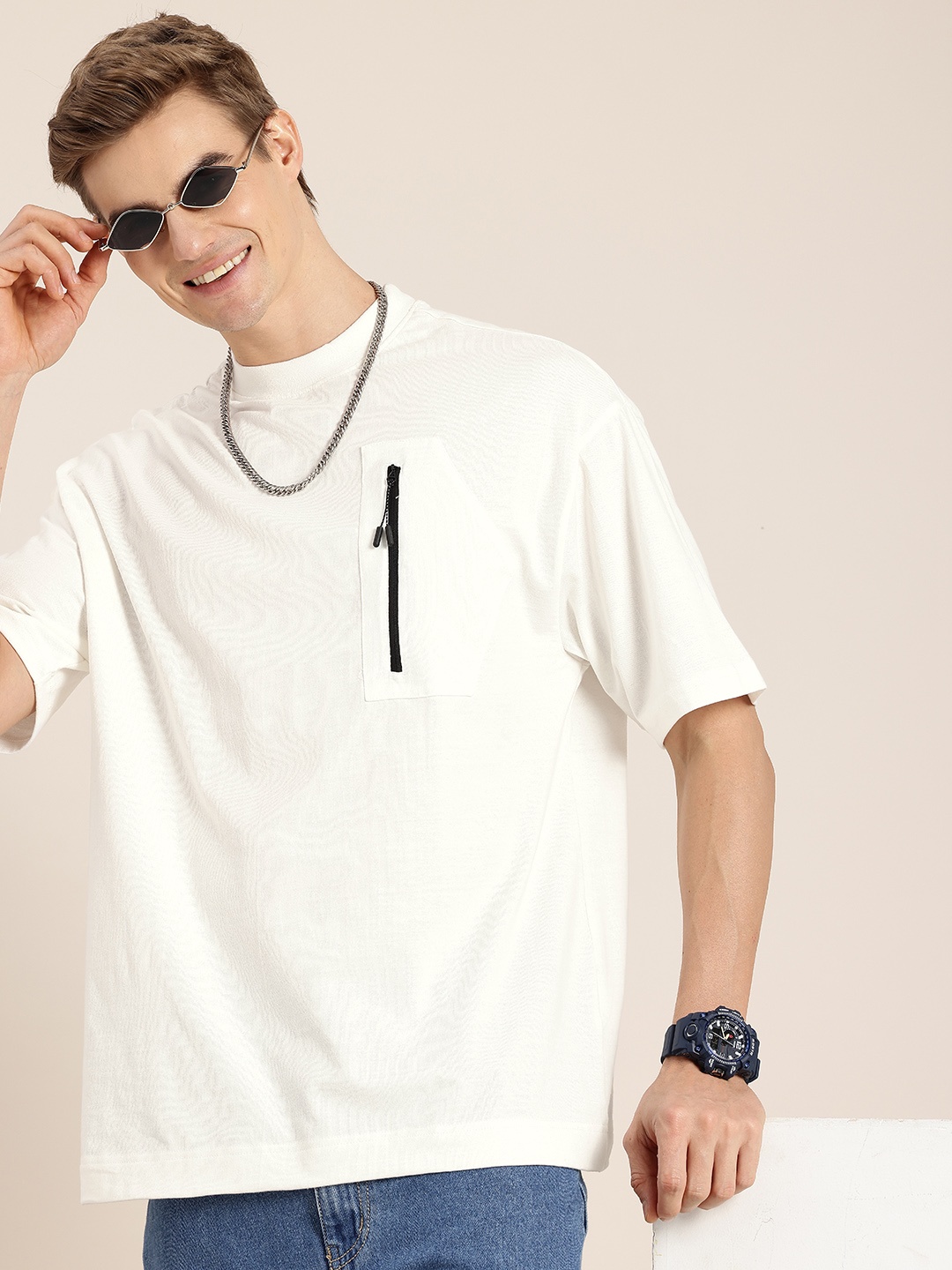 

HERE&NOW Pure Cotton Drop-Shoulder Sleeves Pocket T-shirt, White