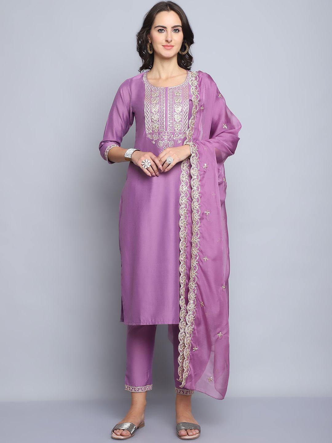 

KLOSIA Ethnic Motifs Embroidered Pure Silk Straight Kurta with Trousers & With Dupatta, Pink