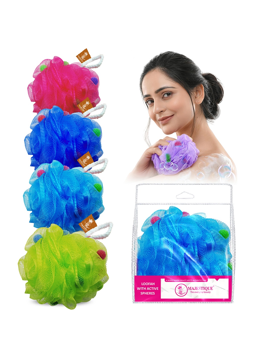 

MAJESTIQUE Set Of 4 Sponge Shower Loofahs Pouf Ball Loofah Mesh Bath & Shower Sponge, Pink