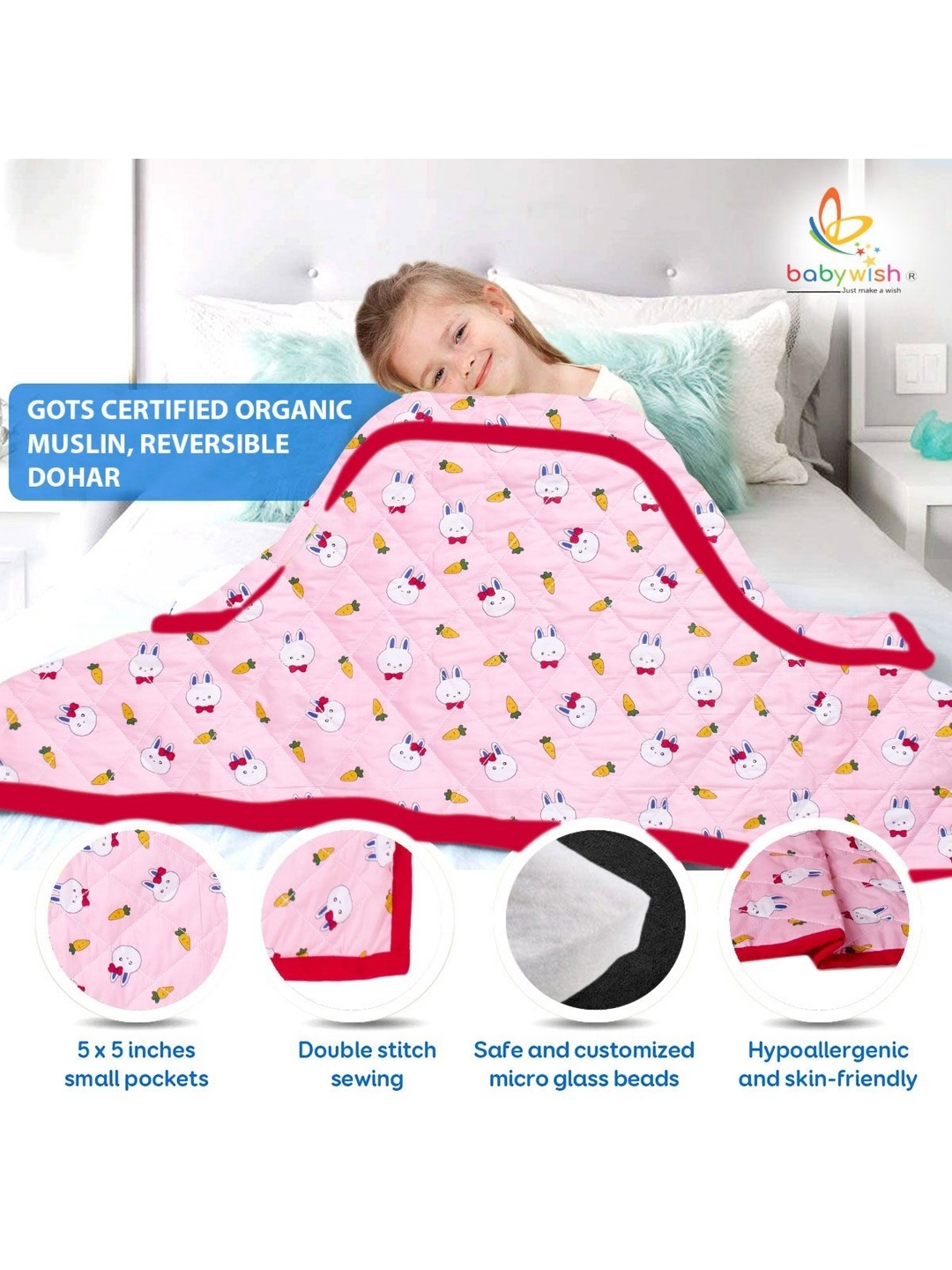 

Babywish Kids Pink & White Printed Cotton 400 GSM Single Bed Dohar