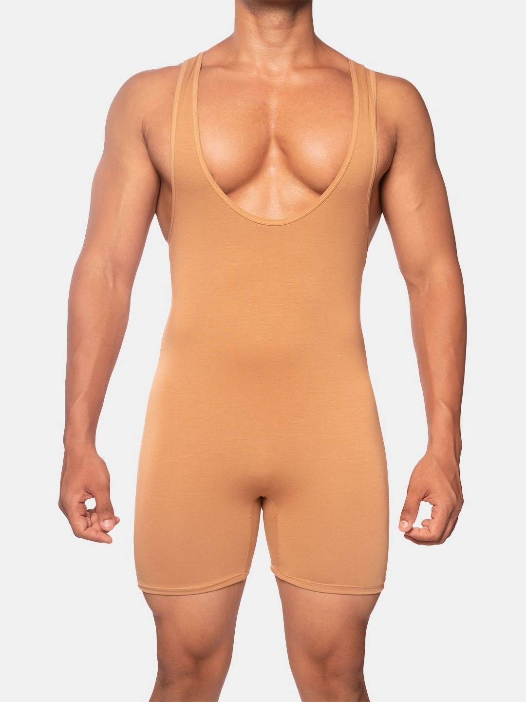 

EROBOLD Round Neck Wrestler Slim Fit Cotton Bodysuit, Tan