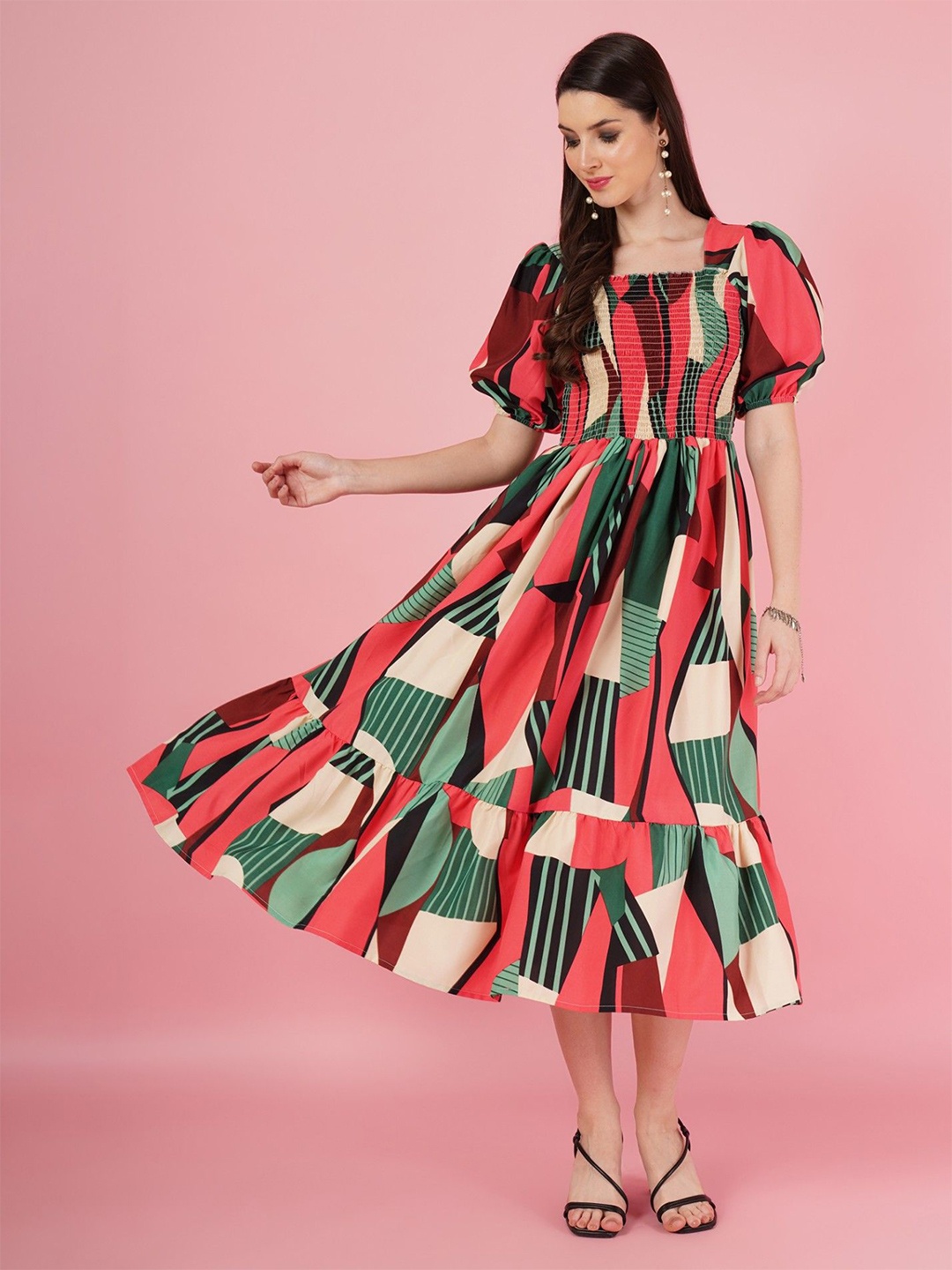 

Femvy Print Puff Sleeve Fit & Flare Dress, Green