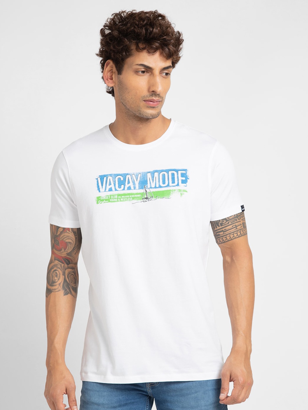 

SPYKAR Men Typography Printed Slim Fit Cotton T-shirt, White