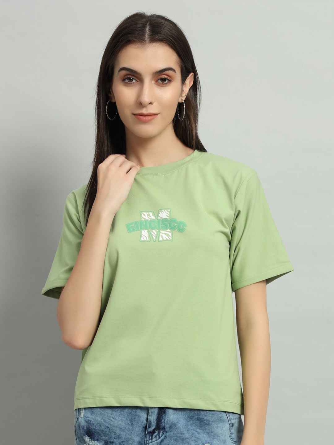 

AECK Women Typography Printed Round Neck Cotton T-Shirt, Green