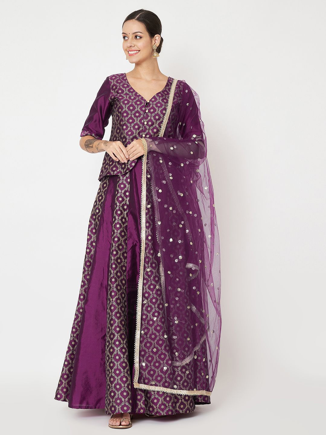 

studio rasa Block Printed Ready to Wear Lehenga & Blouse With Dupatta, Purple