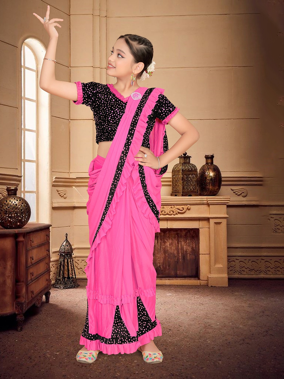 

HARPITA Sequinned Ready to Wear Saree, Pink