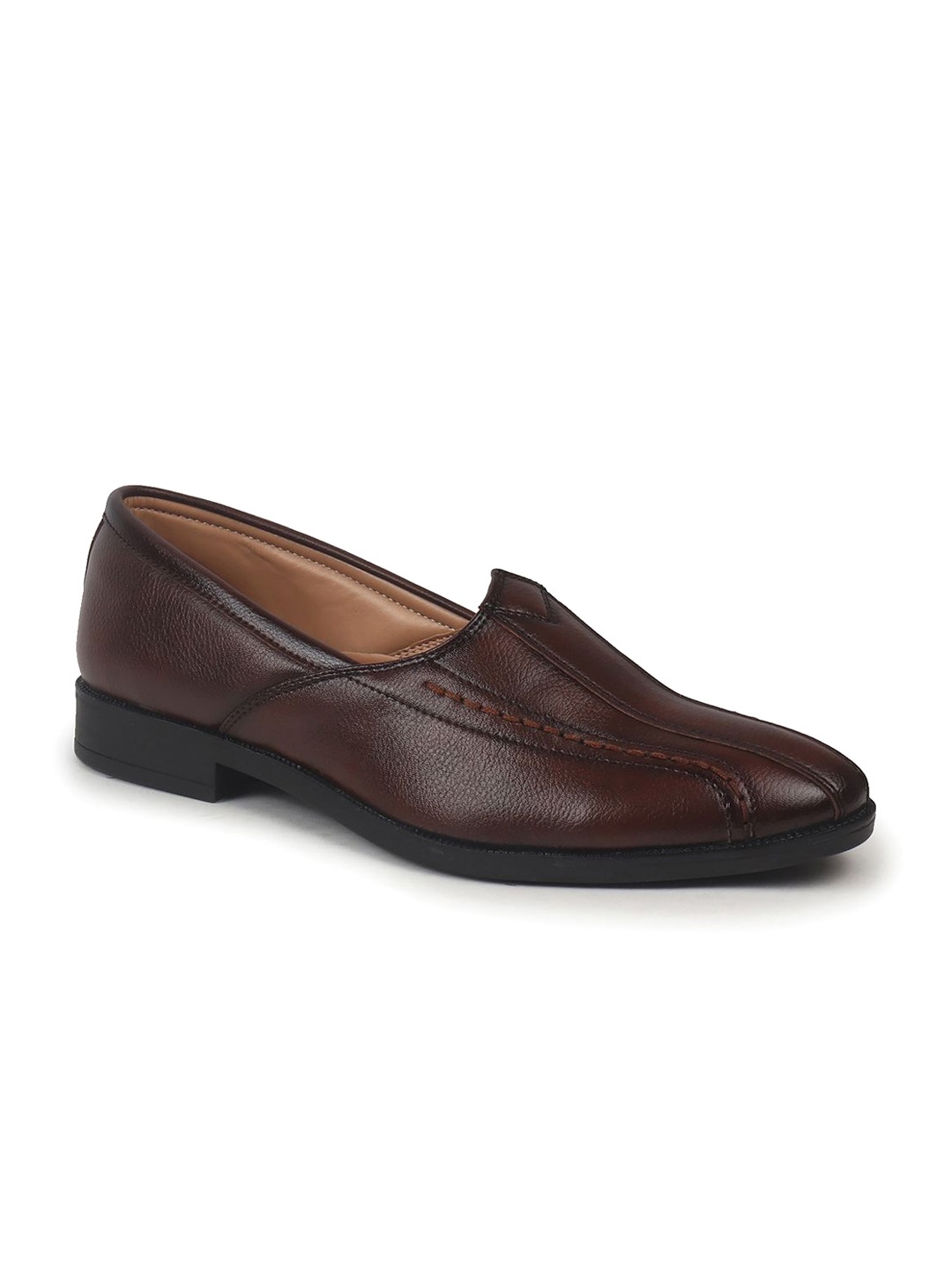 

FAUSTO Men Textured PU Slip-On Ethnic Mojaris, Brown