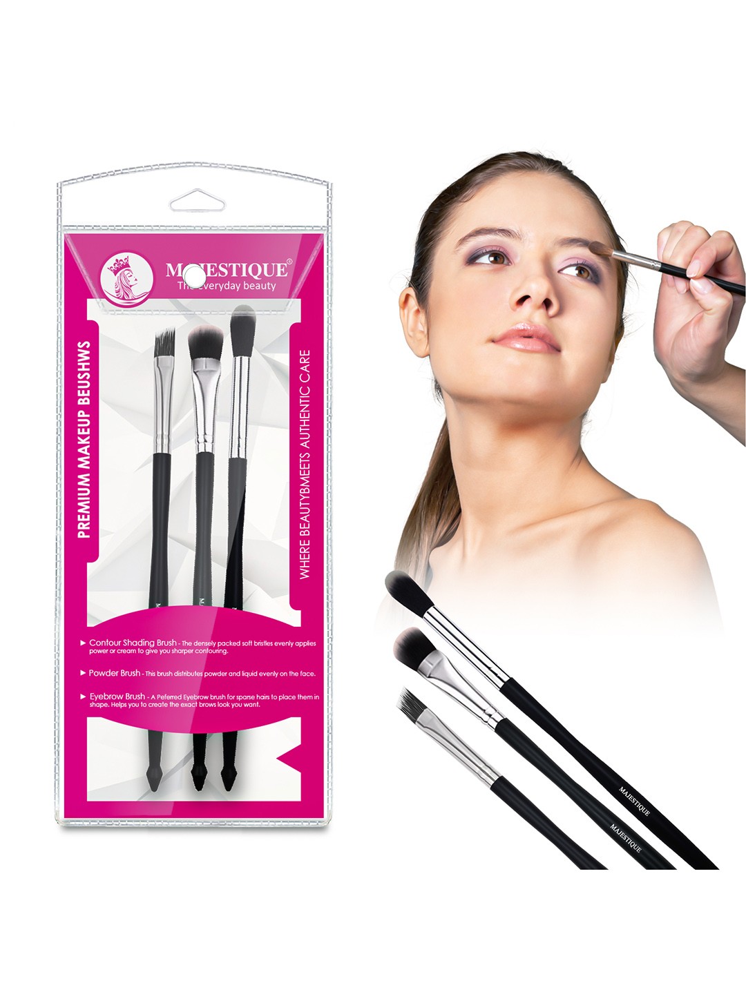 

MAJESTIQUE Black Set Of 3 Contour & Eyebrow Makeup Brushes