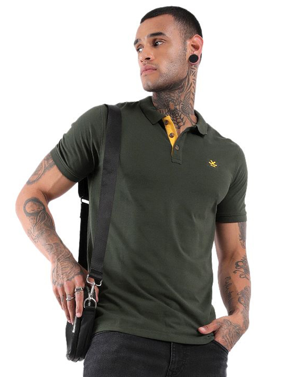 

WROGN Men Solid Polo Collar Cotton T-Shirt, Olive