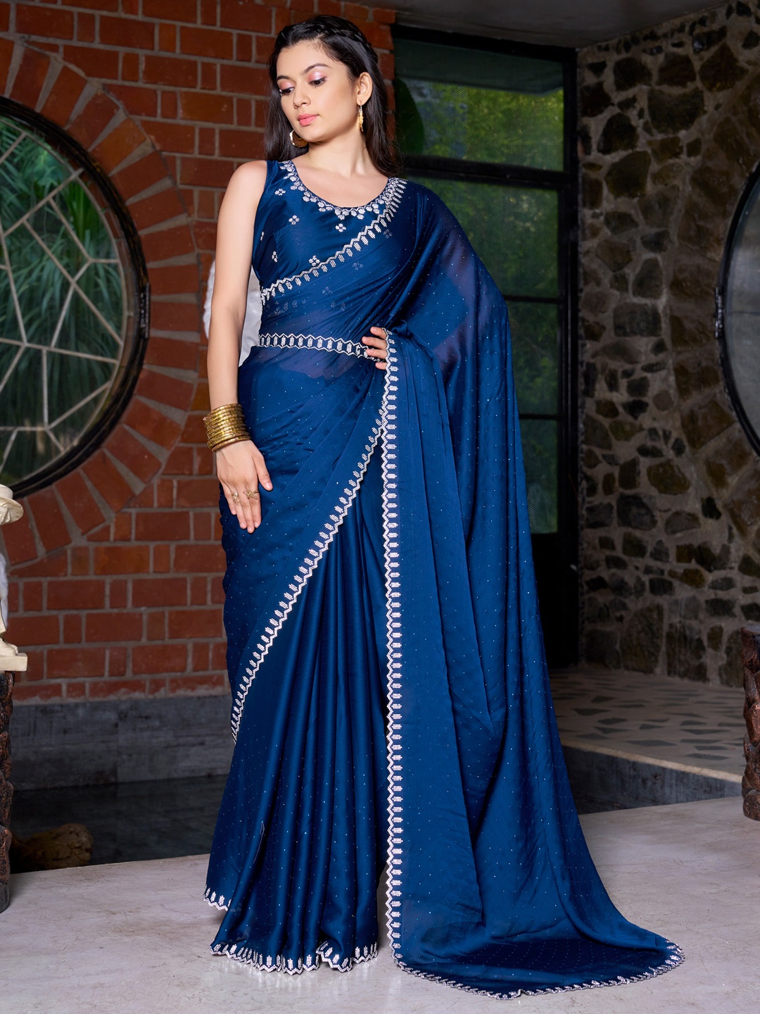 

Saree mall Embellished Beads and Stones Pure Chiffon Saree, Teal