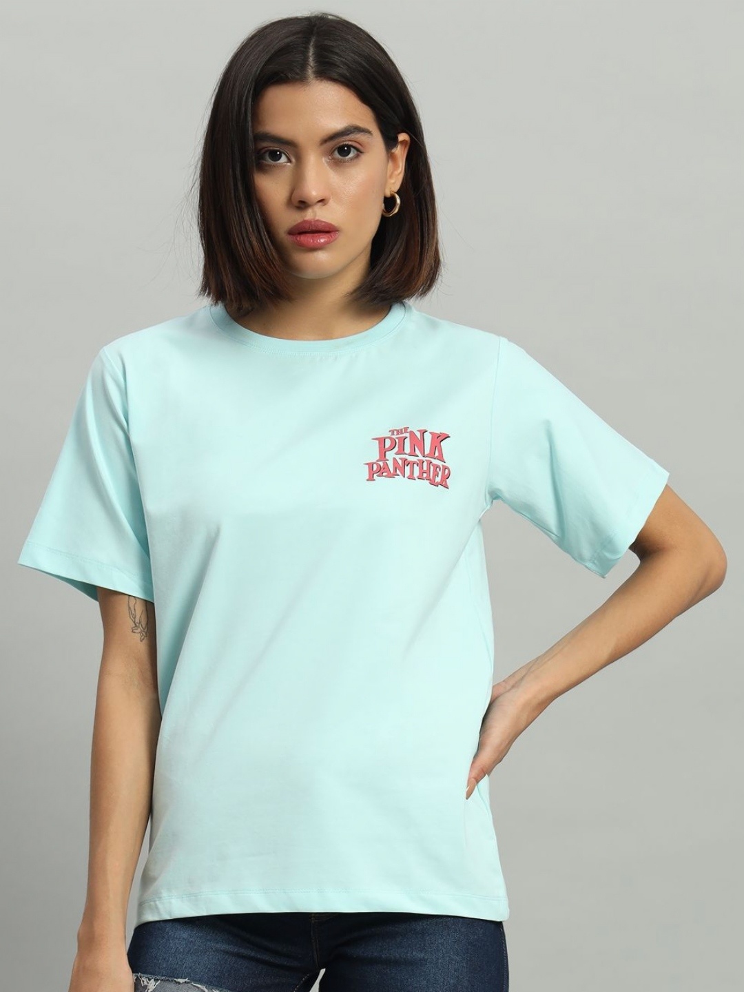 

AECK Women Graphic Printed Round Neck Cotton T-Shirt, Blue