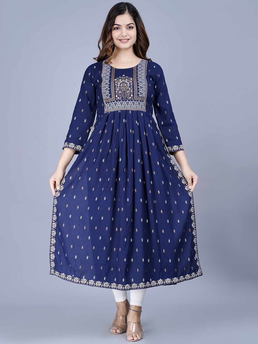 

Bhasin Brothers Aminabad Women Geometric Printed Flared Sleeves Thread Work Kurta, Blue