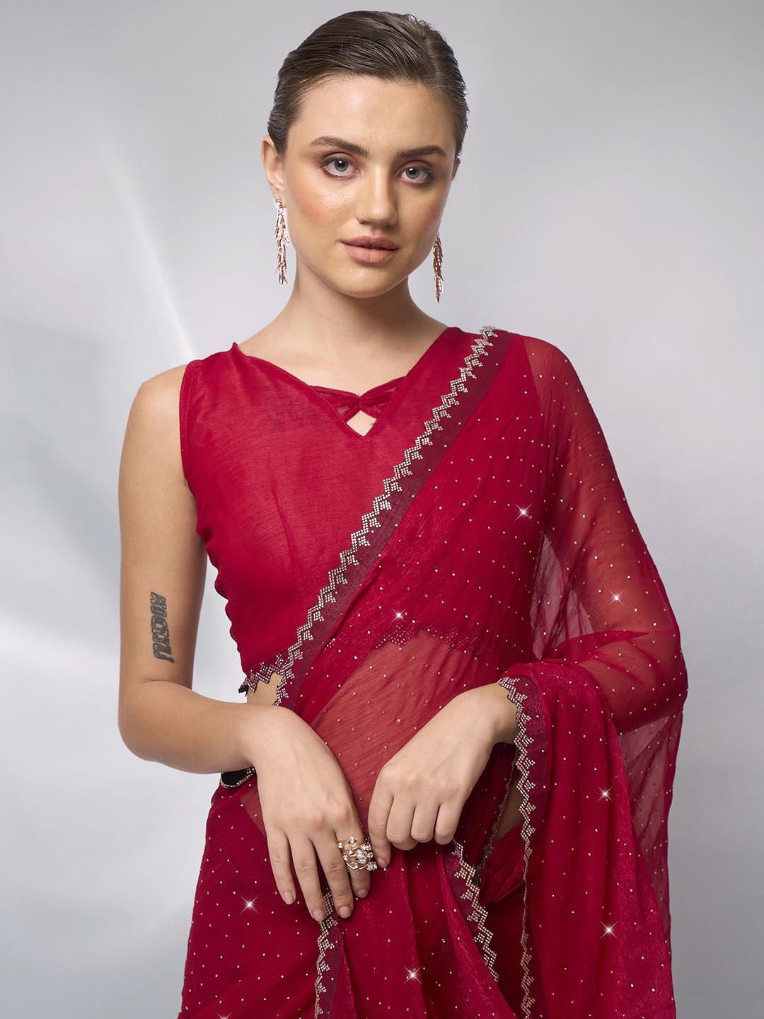 

Mitera Ready to Wear Embellished Beads and Stones Saree, Red