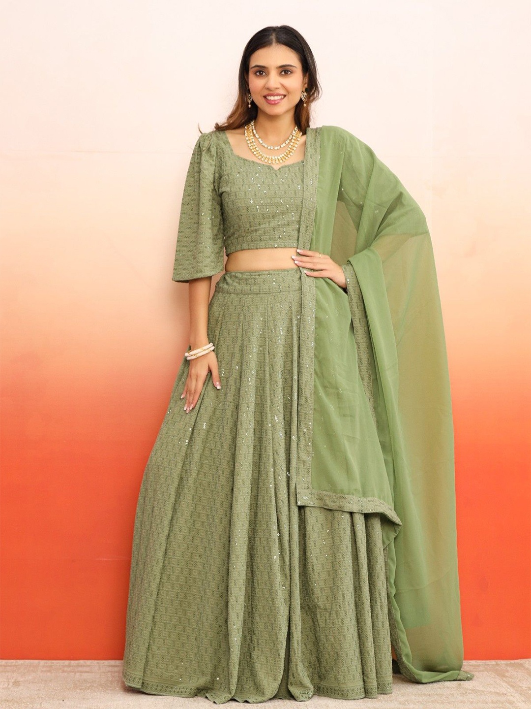 

Futra Gabha Embellished Square Neck Ready to Wear Lehenga & Blouse With Dupatta, Green