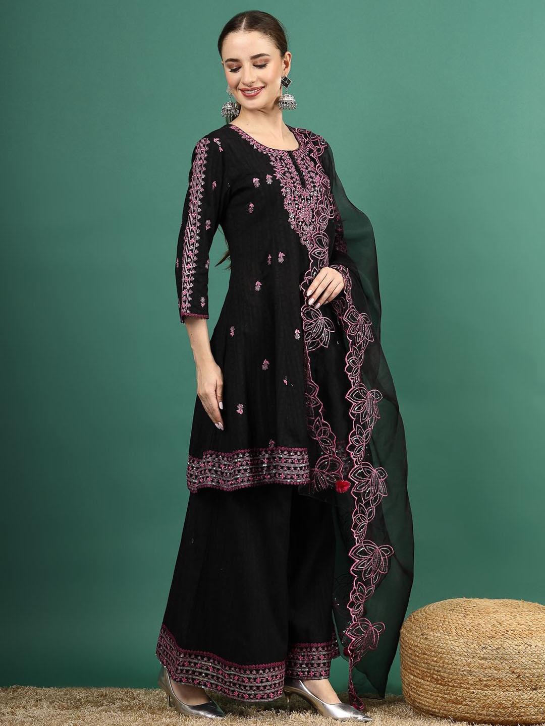 

Sangria Black Floral Embroidered Sequinned Anarkali Panelled Kurta & Palazzos With Dupatta
