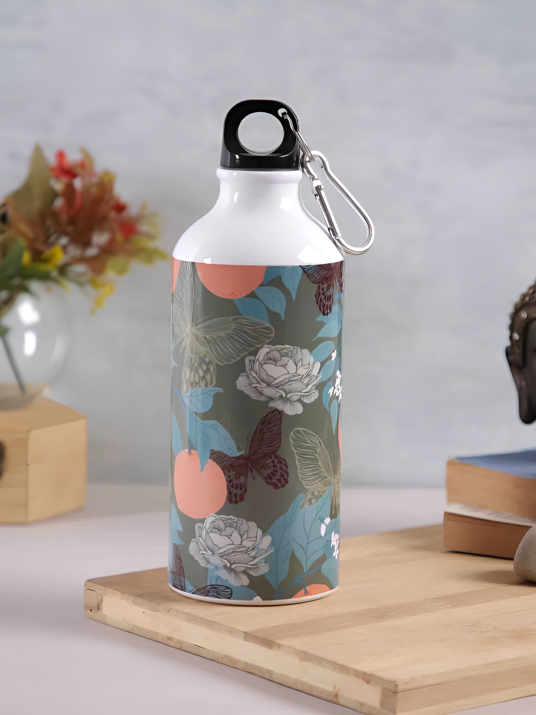 

PENTADECO White & Grey Floral Printed Single Wall Vacuum Water Bottle 600 ml