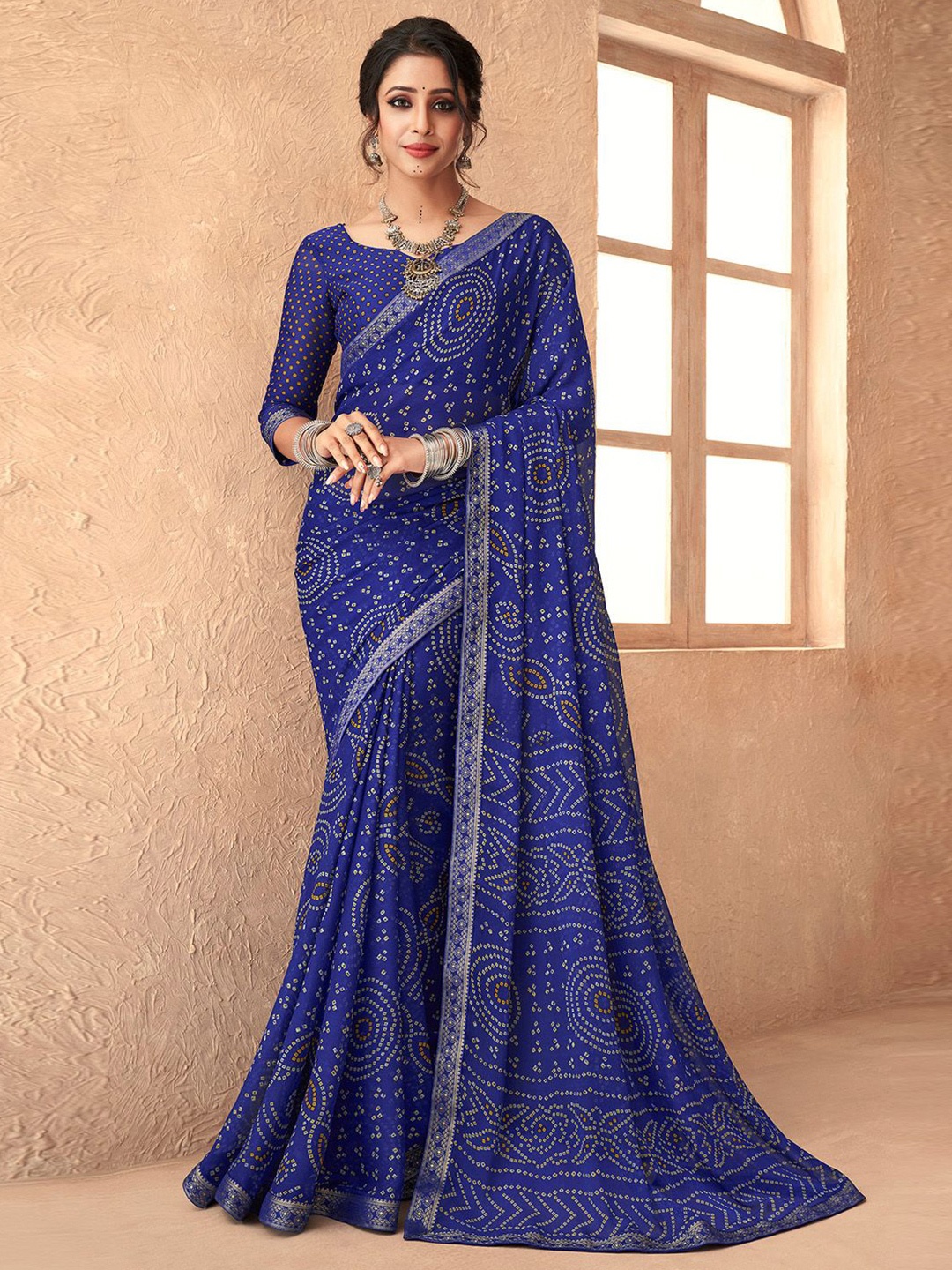 

Panzora Bandhani Zari Poly Chiffon Saree, Navy blue