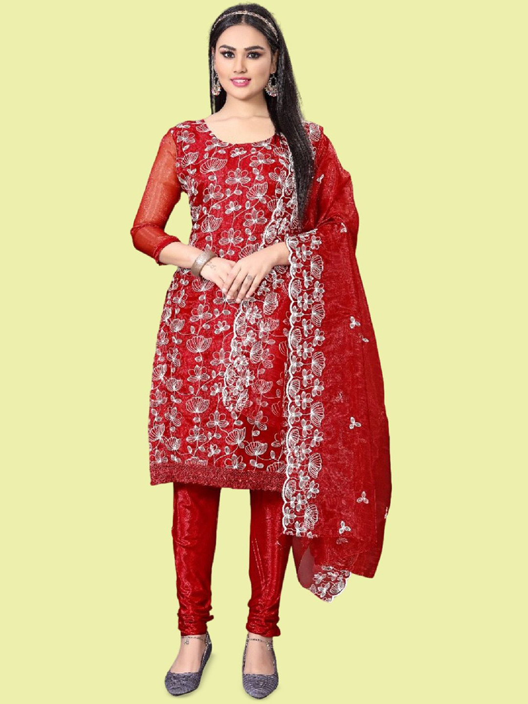 

APNISHA Embroidered Organza Unstitched Dress Material, Red