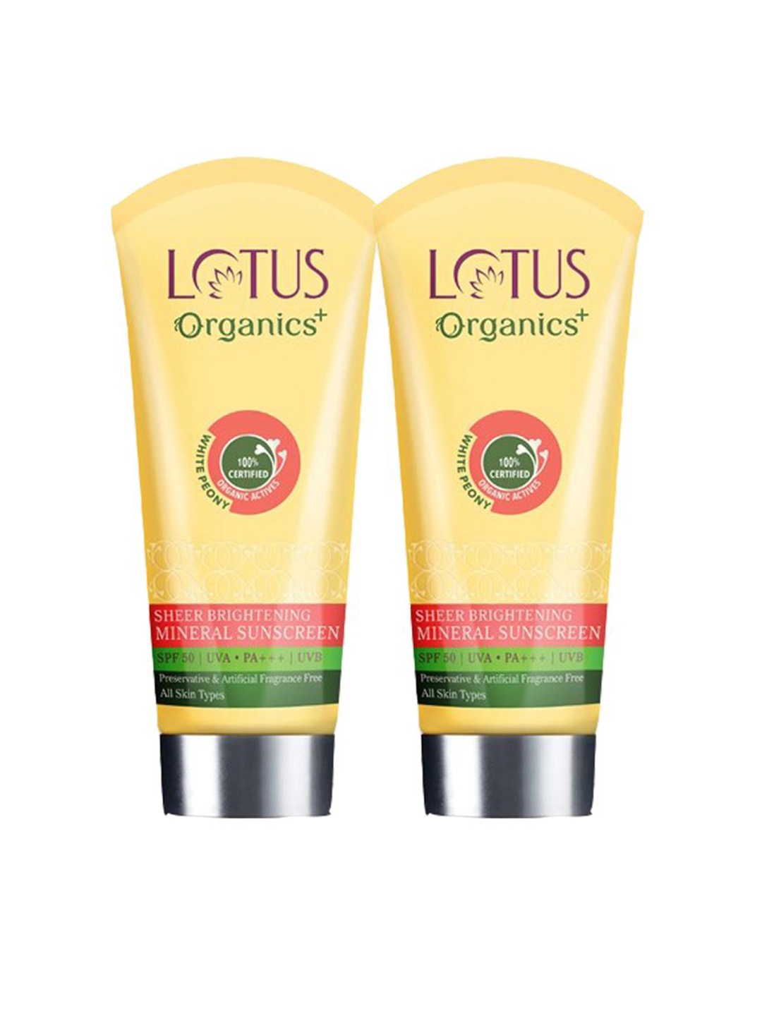 

Lotus Organics+ Set Of 2 White Peony Sheer Brightening SPF 50 Mineral Sunscreen - 50g Each, Yellow