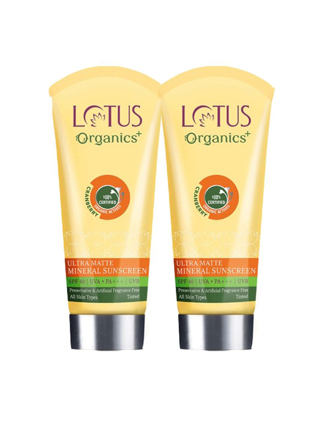 

Lotus Organics+ Set Of 2 Cranberry Ultra Matte SPF 40 Tinted Mineral Sunscreen - 100g Each, Yellow