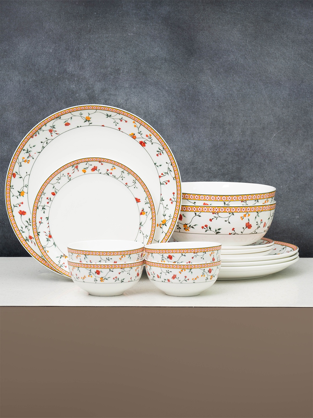 

CLAY CRAFT Eco Set Of 14 White Printed Ceramic Dinner Set