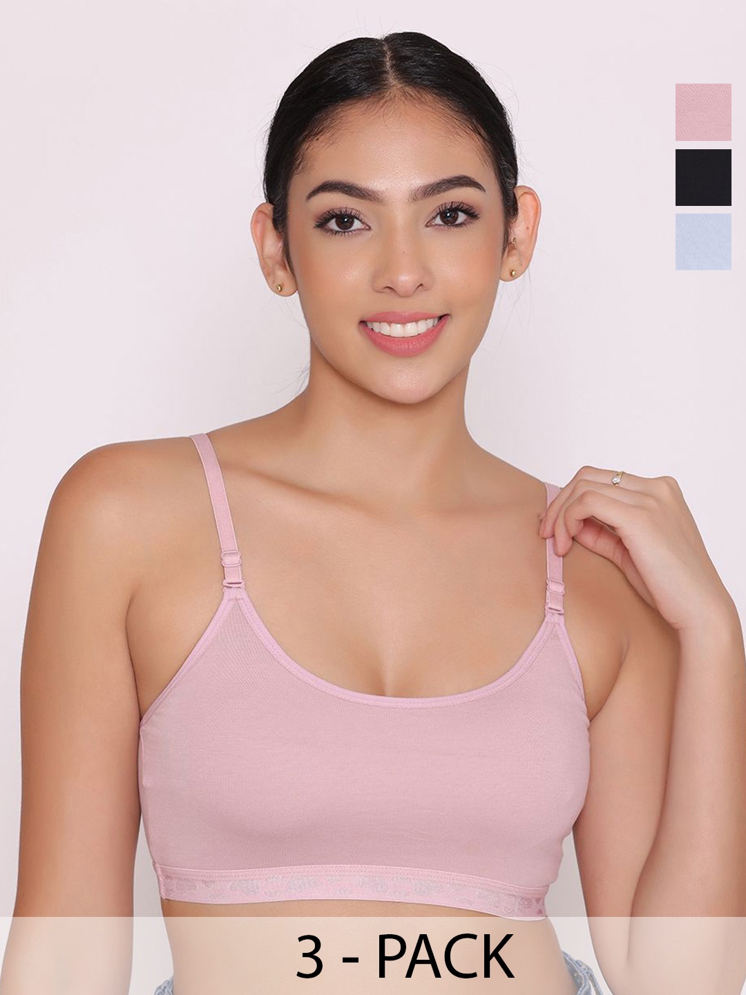 

INKURV Pack of 3 Solid Bra Full Coverage Non Padded Non-Wired, Black