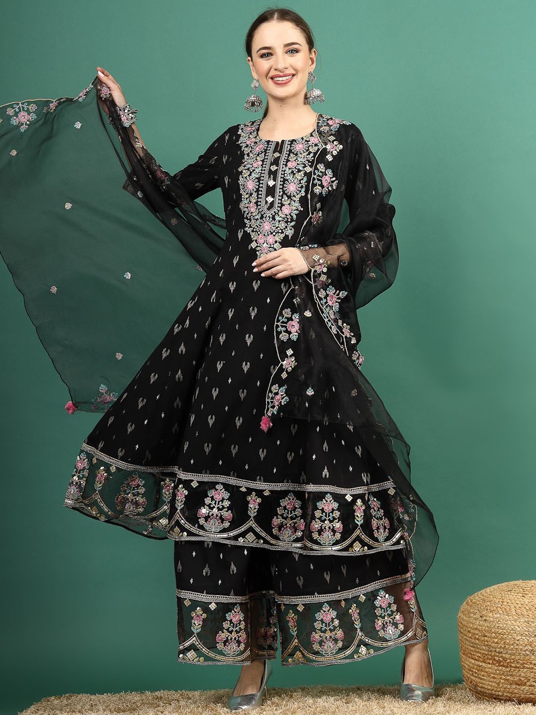 

Sangria Embroidered Anarkali Kurta & Sharara With Dupatta, Black
