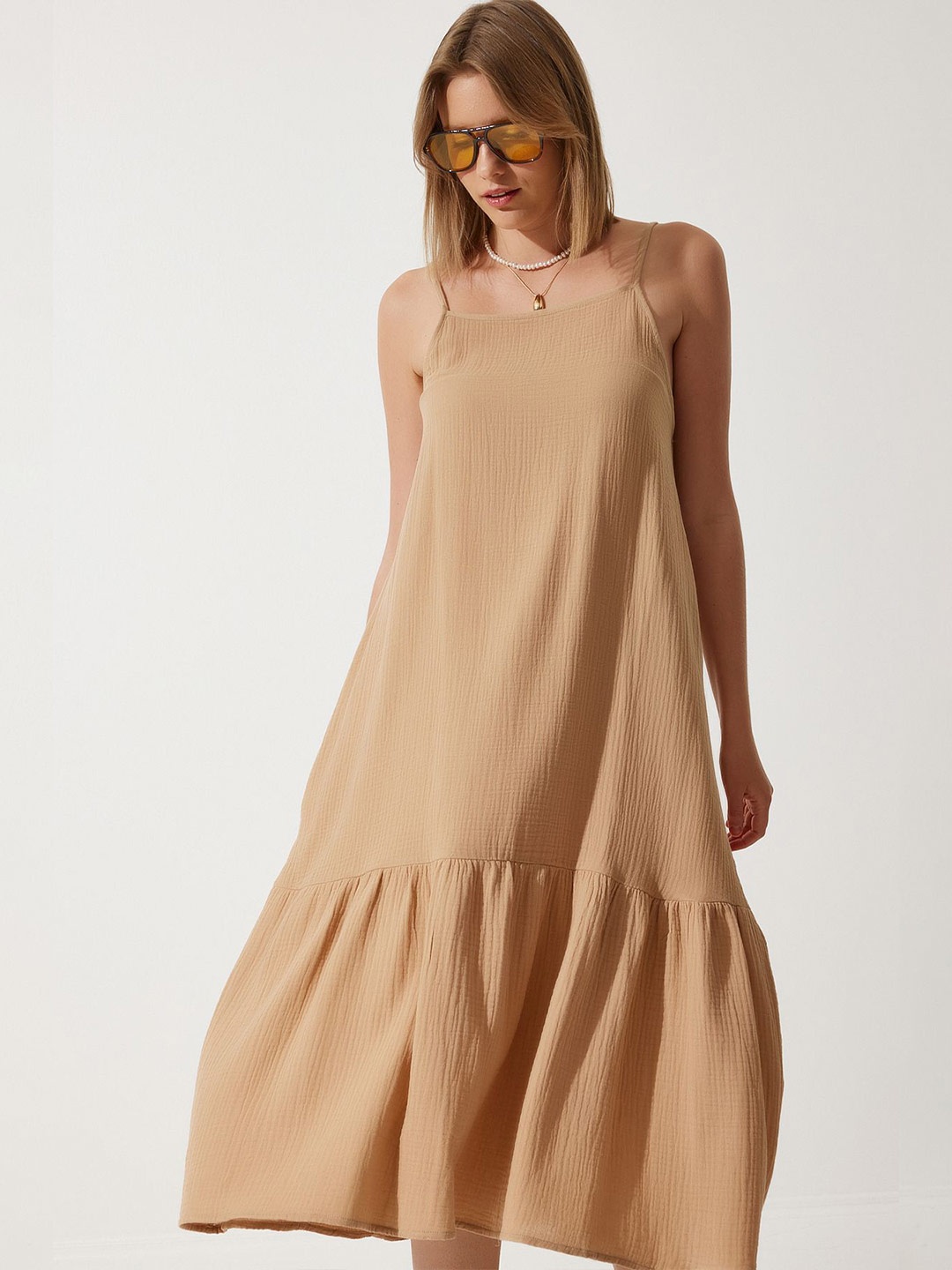 

Happiness istanbul A-Line Sleeveless Solid Dress, Camel brown