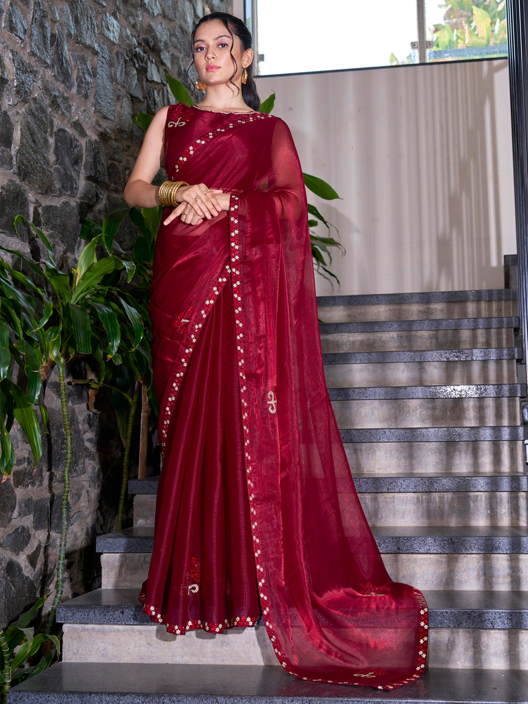 

Saree mall Embellished Beads and Stones Organza Sarees, Maroon