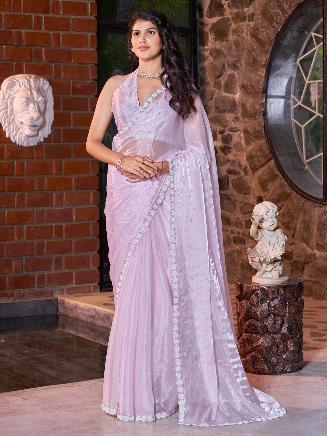 

Saree mall Embellished Beads and Stones Satin Sarees, Pink