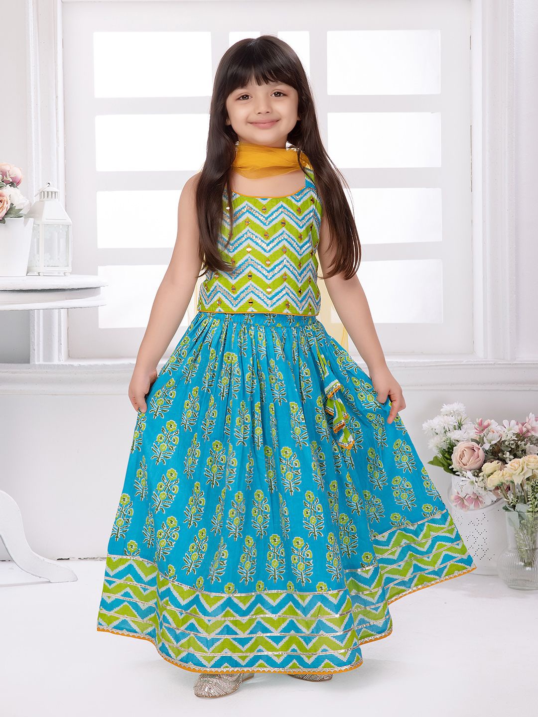 

Tiny Kingdom Girls Embroidered Mirror Work Ready to Wear Lehenga & Blouse With Dupatta, Blue