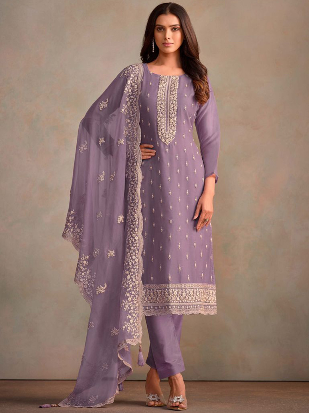 

ASISA Averia 5783 Floral Embroidered Sequinned Organza Unstitched Dress Material, Lavender