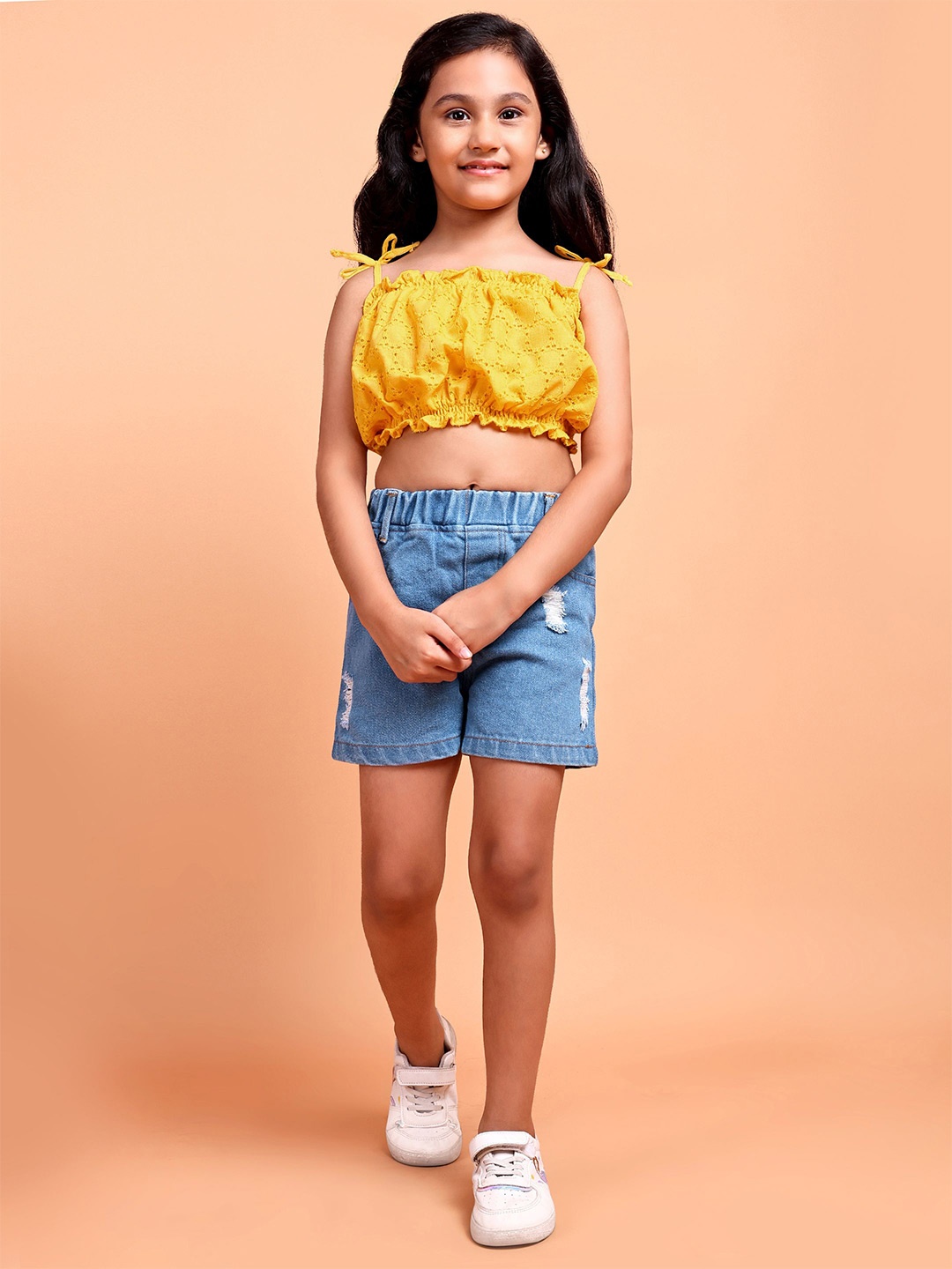 

YK Girls Self Design Shoulder Straps Schiffli Top With Denim Shorts, Yellow