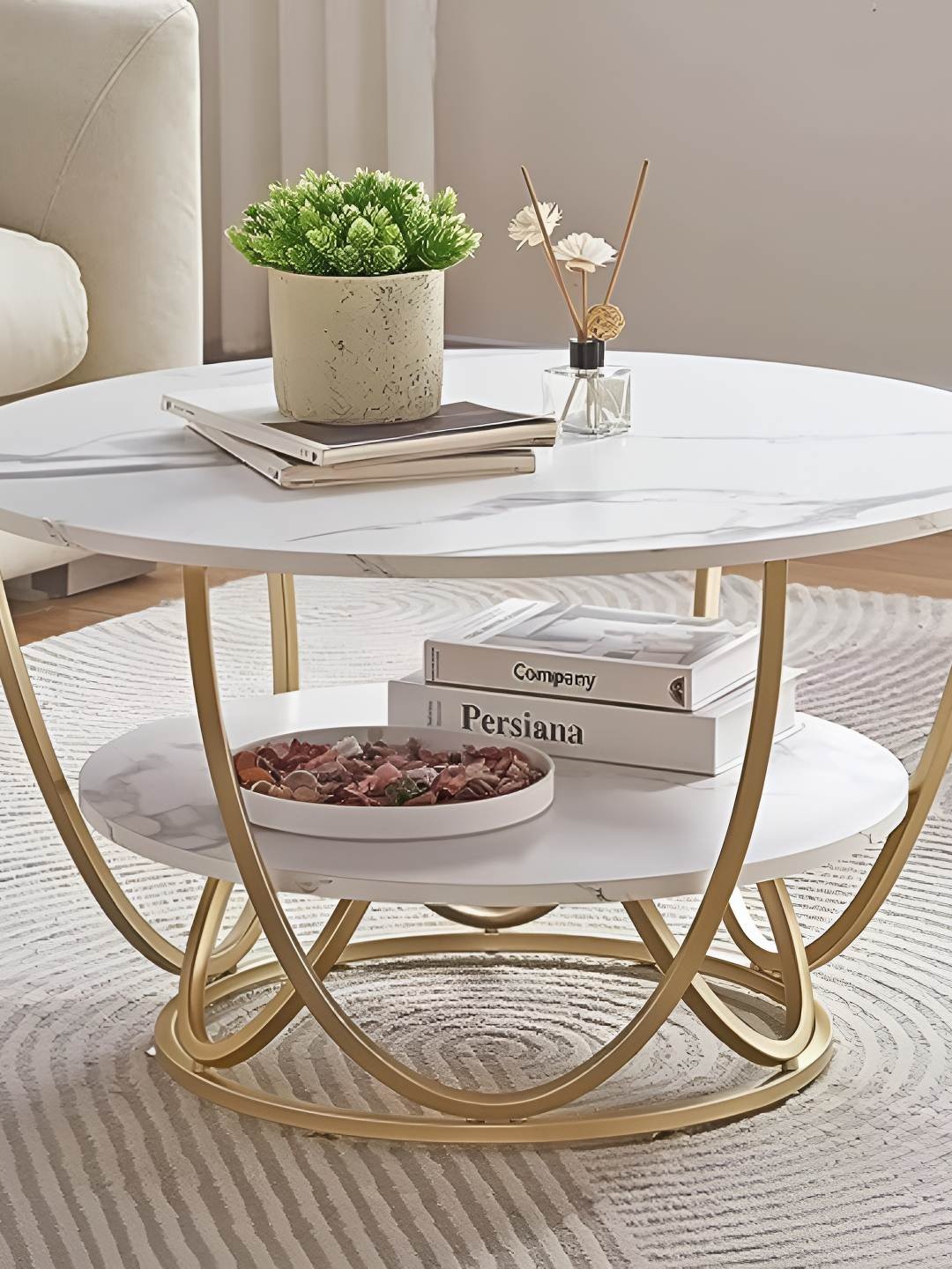 

Wooden Twist White & Gold-Toned Round Coffee Table With Marble Top