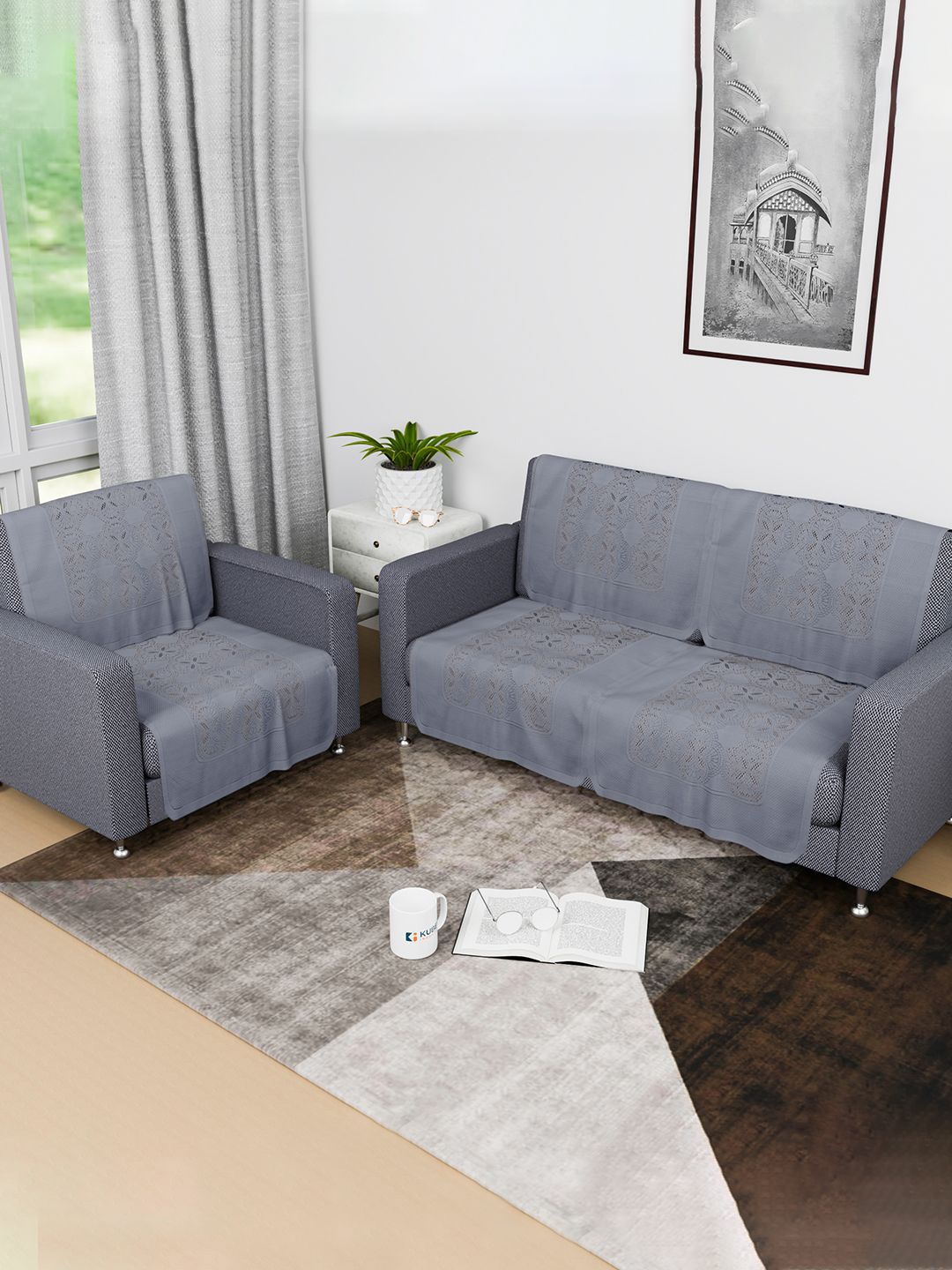 

Kuber Industries Grey 6 Pieces Self Design Cotton 3 Seater Sofa Cover With Arms