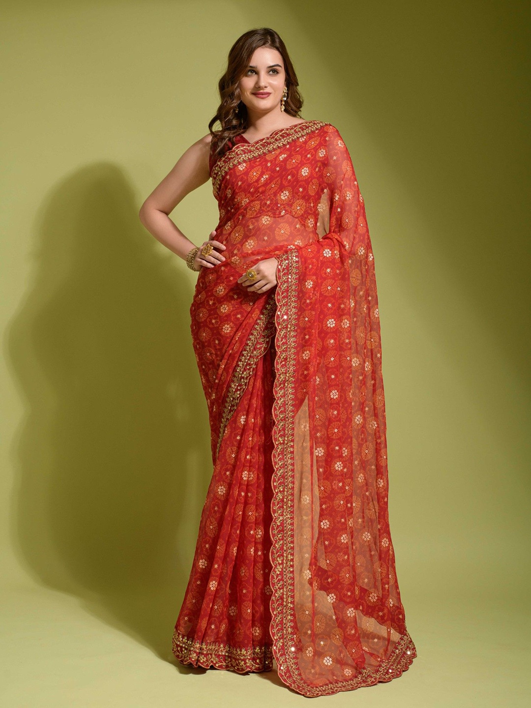 

Panzora Floral Sequinned designer Saree, Red