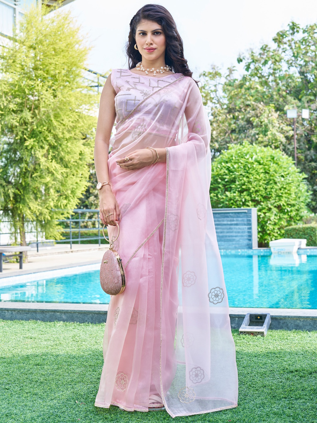 

Saree mall Embellished Beads and Stones Organza Saree, Pink