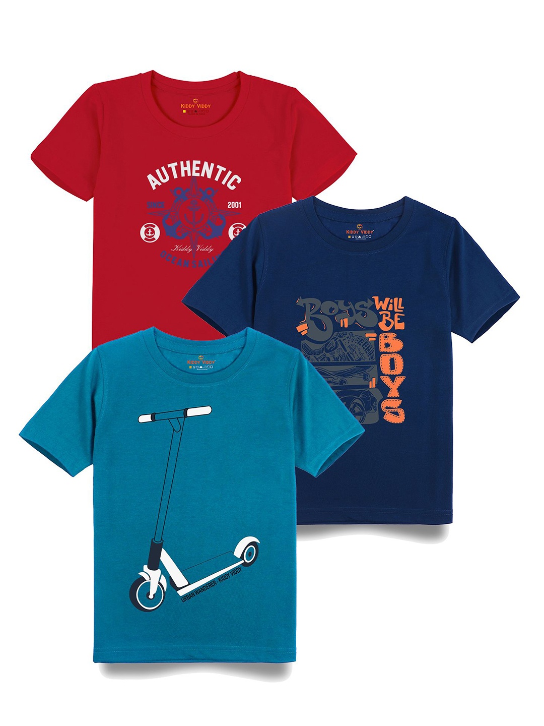 

AUSK Boys Pack Of 3 Typography Printed Round Neck Cotton T-Shirts, Blue